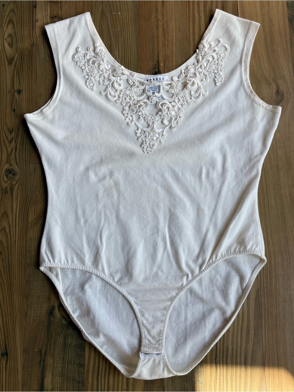 Vintage 90s Express Tricot Cream Embroidered One-Piece Bodysuit Sz L